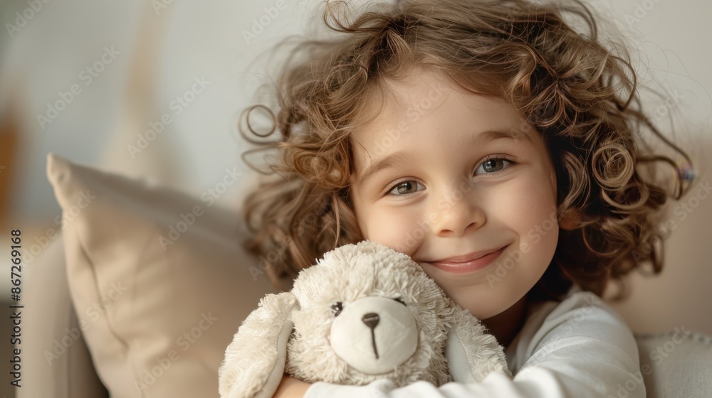 Adorable girl with curly hair, posing with a stuffed animal, cozy indoor setting Adorable girl with curly hair, posing with a stuffed animal, cozy indoor setting