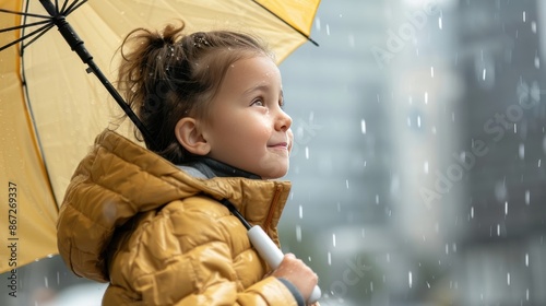 Little girl in a stylish jacket, holding an umbrella, standing in a light drizzle, cityscape