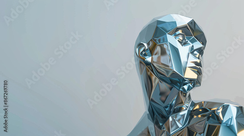 A low poly wireframe sculpture morphs into a photorealistic chrome statue reflecting its surroundings and showcasing metallic textures High Quality High Clarity Space for Text