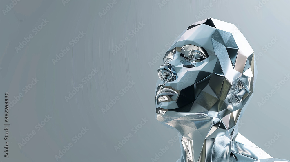 Fototapeta premium A low poly wireframe sculpture morphs into a photorealistic chrome statue reflecting its surroundings and showcasing metallic textures High Quality High Clarity Space for Text