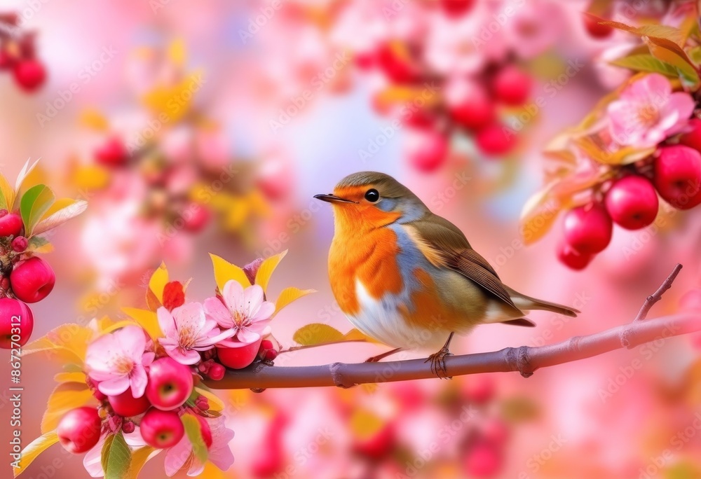 A robin perched on a blooming pink apple tree branch A robin perched on a blooming pink apple tree branch