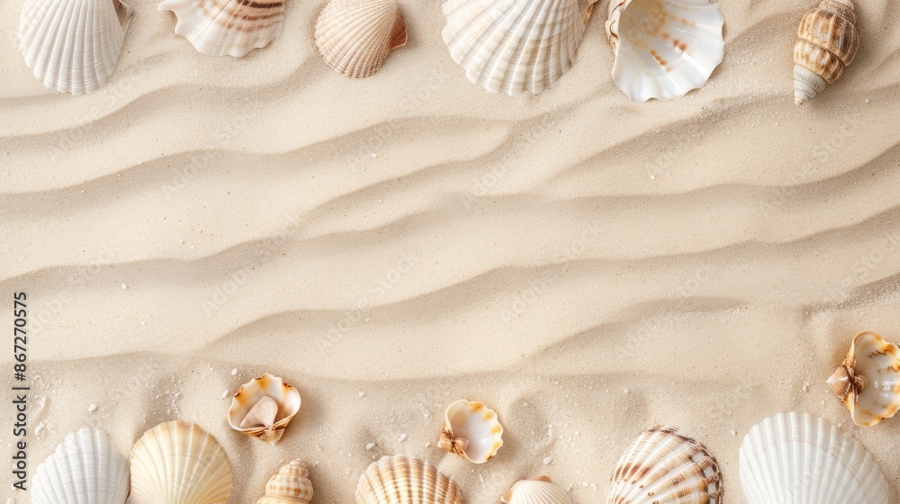Assortment of seashells on beach, background for sea holidays, advertising layout for vacations, detailed and colorful Assortment of seashells on beach, background for sea holidays, advertising layout for vacations, detailed and colorful