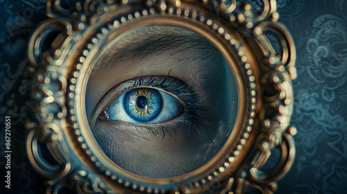 A photorealistic portrait of a persons eye framed by a vintage ornate mirror transforms into a stylized reflection of their fantastical dream world High Quality High Clarity