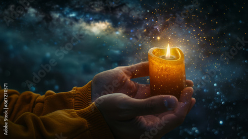 A photorealistic vintage photograph of a person holding a flickering candle fades into a stylized longexposure nightscape with swirling star trails and the Milky Way emphasizi