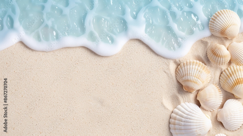 Beach filled with seashells, summer holiday background, ideal for vacation advertising, detailed and vibrant