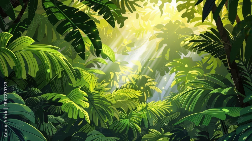 Fototapeta premium Lush Green Jungle Landscape with Sunlight. Tropical Rainforest Illustration