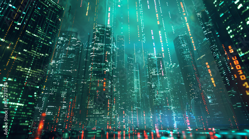 A retro computer terminal glitches and transforms into a futuristic cityscape with streams of code morphing into towering skyscrapers and glowing neon signs High Quality High Cl