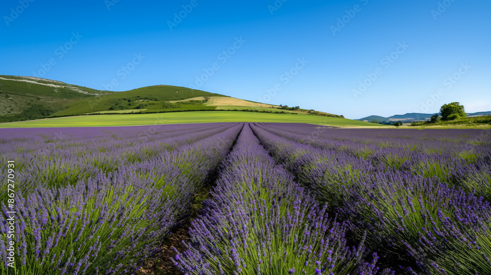 Obraz premium Rolling lavender fields under a clear blue sky with green hills in the background, perfect summer relaxation 