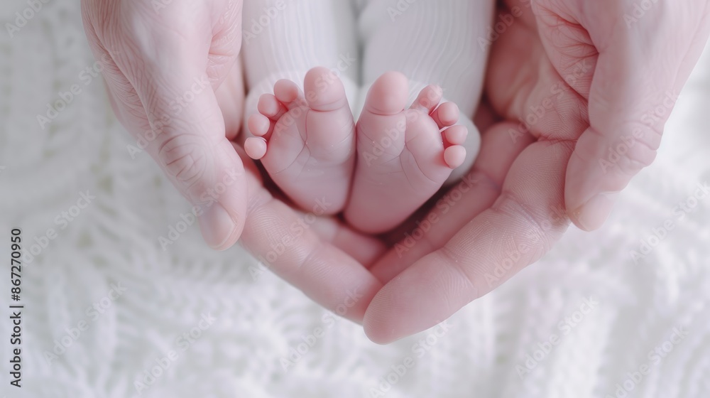 Closeup of a mother's hands gently holding newborn baby's feet in heart shape, concept of happy family, intimate and tender moment Closeup of a mother's hands gently holding newborn baby's feet in heart shape, concept of happy family, intimate and tender moment