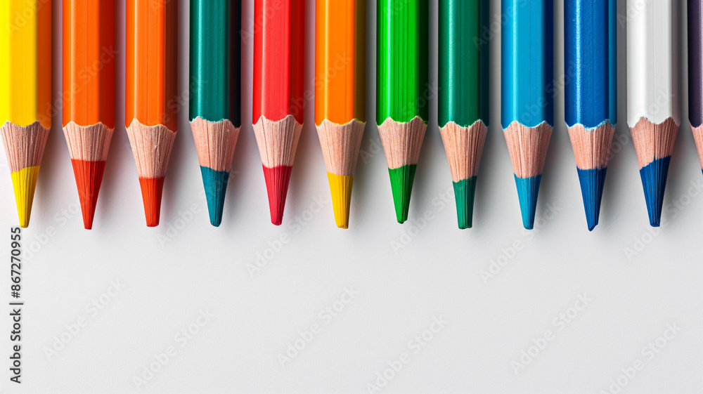 Row of sharpened crayons on white paper in vibrant style for back to school creativity concept Row of sharpened crayons on white paper in vibrant style for back to school creativity concept
