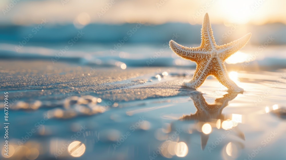Close-up of a starfish resting on the ocean shore at sunset, vibrant hues of the setting sun reflecting on the water, perfect for summer holiday promotions, vacation vibe Close-up of a starfish resting on the ocean shore at sunset, vibrant hues of the setting sun reflecting on the water, perfect for summer holiday promotions, vacation vibe