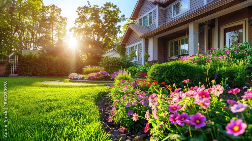 Cozy suburban house with a well-manicured lawn and colorful flower beds, bathed in morning light. Cozy suburban house with a well-manicured lawn and colorful flower beds, bathed in morning light.