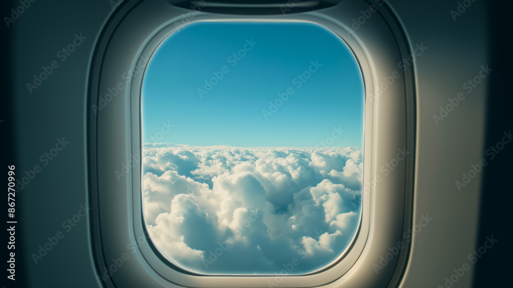 Scenic view through an airplane window with blue sky and white clouds representing wanderlust and exploration Scenic view through an airplane window with blue sky and white clouds representing wanderlust and exploration