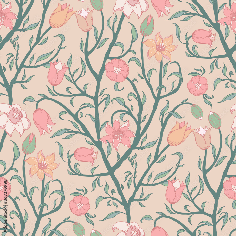 Seamless floral pattern with a light beige background. Stylized tulips flowers in soft pastel shades. Seamless floral pattern with a light beige background. Stylized tulips flowers in soft pastel shades.