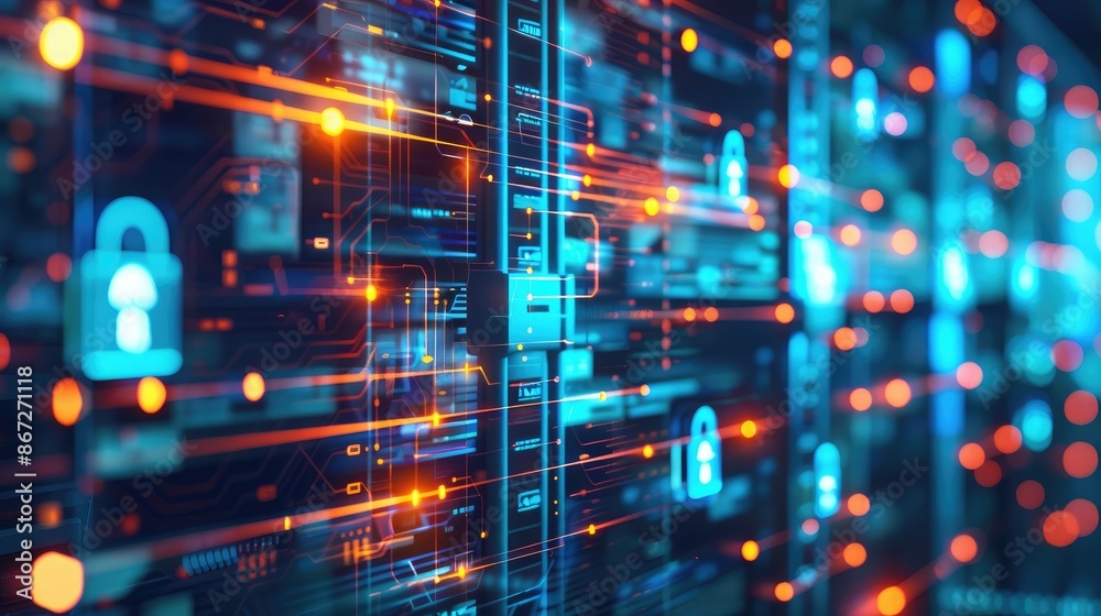 Cybersecurity concept with digital locks and data streams in the background. Cybersecurity concept with digital locks and data streams in the background.