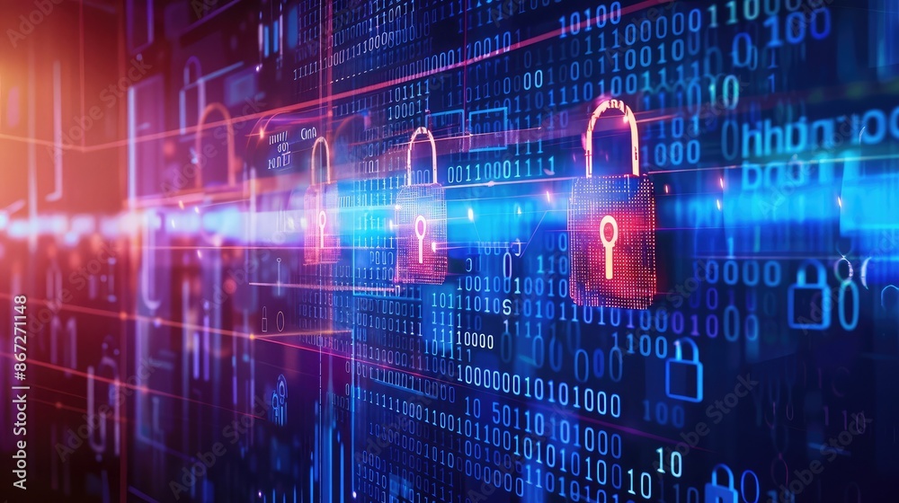 Cybersecurity concept with digital locks and data streams in the background. Cybersecurity concept with digital locks and data streams in the background.