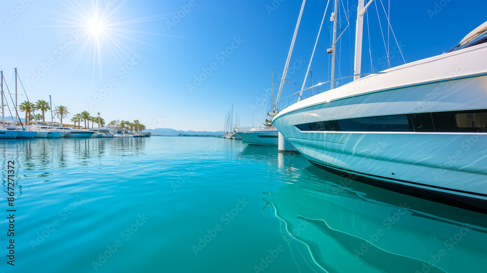Sun-drenched marina with yachts and vibrant blue water under a clear sky, perfect summer boating scene Sun-drenched marina with yachts and vibrant blue water under a clear sky, perfect summer boating scene