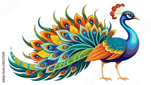 stunning hand-painted peacock with vibrant plumage, isolated on clean white background., nature, white background, hand-painted, peacock