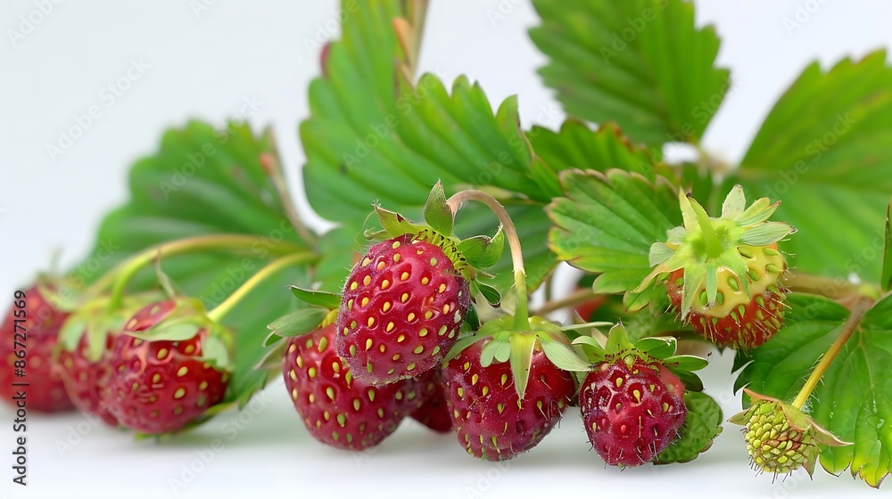 Red Ripe Strawberries with Green Leaves on a White Background - Photo Red Ripe Strawberries with Green Leaves on a White Background - Photo