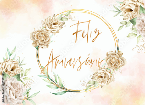 cartão ou banner para desejar feliz aniversário em dourado em vários círculos dourados com flores e folhas sobre fundo gradiente de várias cores
