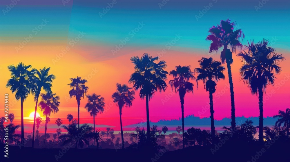 Vibrant California Sunset with Palm Trees Silhouette. Summer Vacation Concept Vibrant California Sunset with Palm Trees Silhouette. Summer Vacation Concept