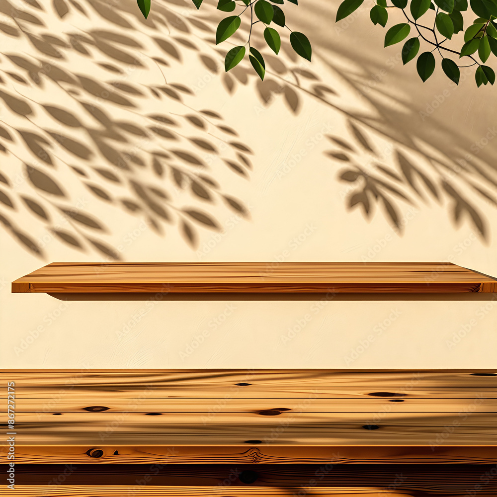 Empty wood table top on beige wall texture with tree leaves shadow background Empty wood table top on beige wall texture with tree leaves shadow background