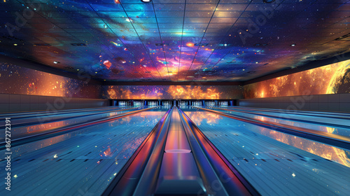 Cosmic Bowling Alley A cosmicthemed D bowling alley where each lane leads to a D animated galaxy utilizing leading lines for each lane that guide the eye toward cosmic events photo