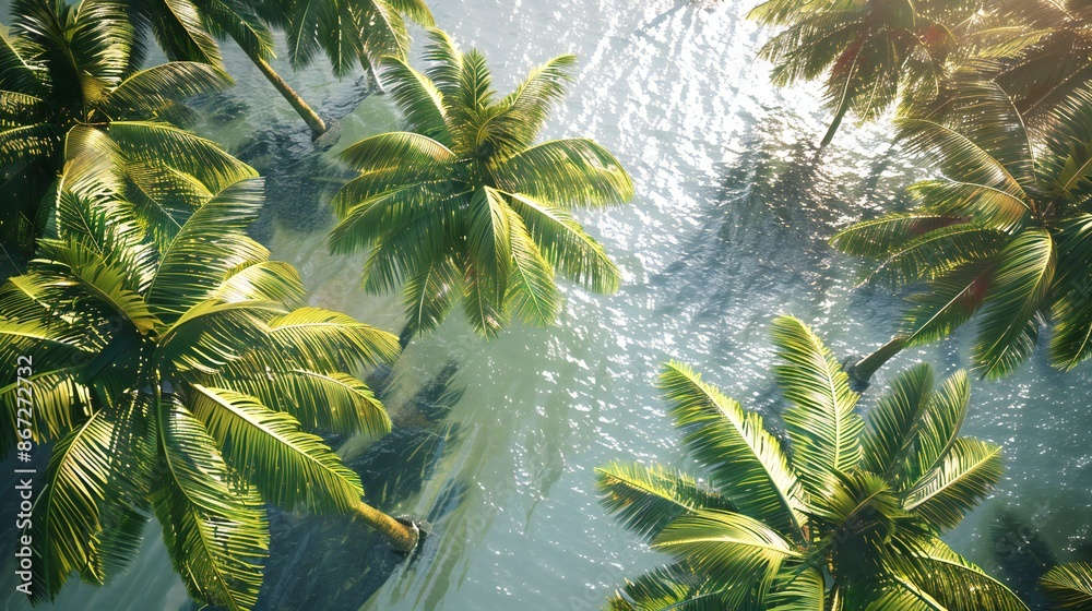 Obraz premium the breathtaking scenery of coconut palms cascading down to the shoreline, their verdant fronds swaying gently in the breeze, a picturesque sight captured in aerial perspectives.