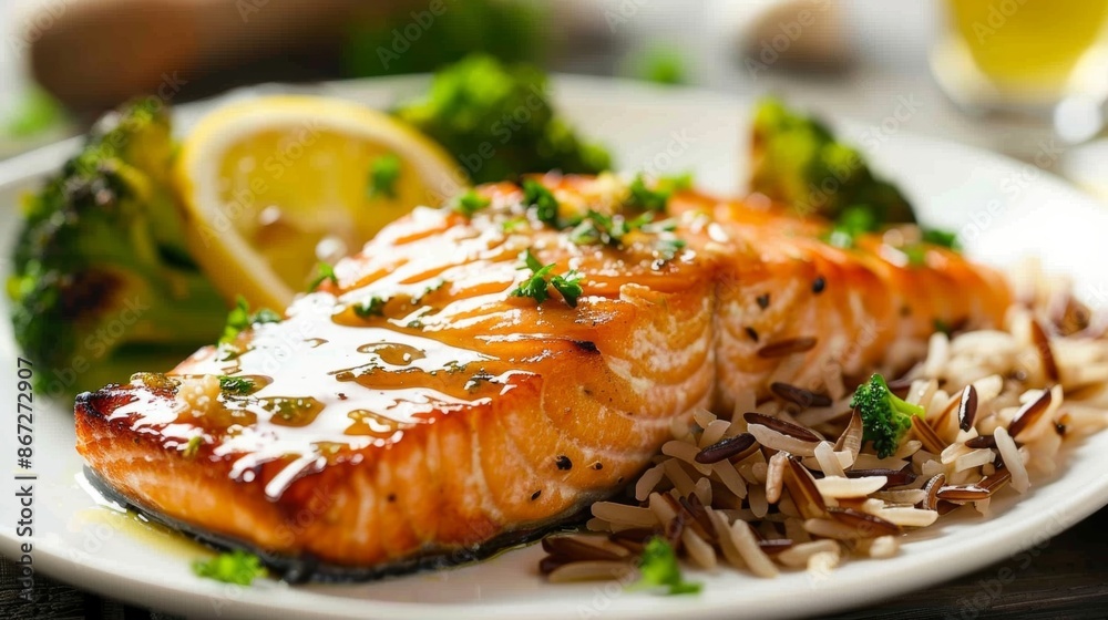 Baked salmon glazed with a tangy avocado oil and lemon marinade served with a side of wild rice and steamed broccoli. Baked salmon glazed with a tangy avocado oil and lemon marinade served with a side of wild rice and steamed broccoli.