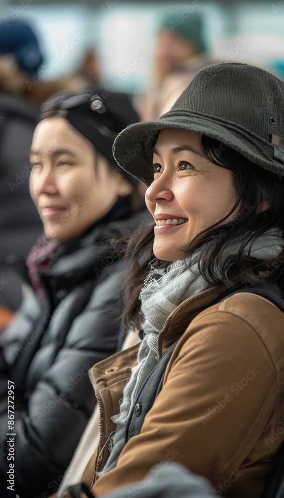 Passengers at airport smiling and happy, showing emotions in realistic close up photo Passengers at airport smiling and happy, showing emotions in realistic close up photo