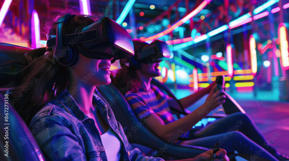 Virtual Reality Amusement Park A D amusement park with D VR headsetwearing visitors experiencing virtual rides that leap off the screen vibrant colors enhancing the thrilling Virtual Reality Amusement Park A D amusement park with D VR headsetwearing visitors experiencing virtual rides that leap off the screen vibrant colors enhancing the thrilling
