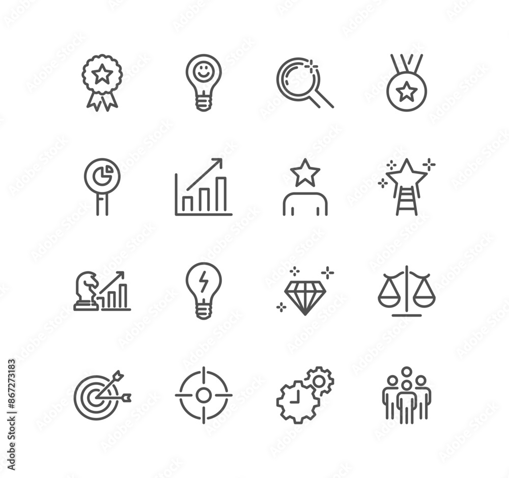 Set of core values related icons, growth, chart, innovation and linear variety vectors.
Set of core values related icons, growth, chart, innovation and linear variety vectors.