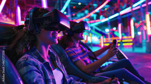 Virtual Reality Amusement Park A D amusement park with D VR headsetwearing visitors experiencing virtual rides that leap off the screen vibrant colors enhancing the thrilling