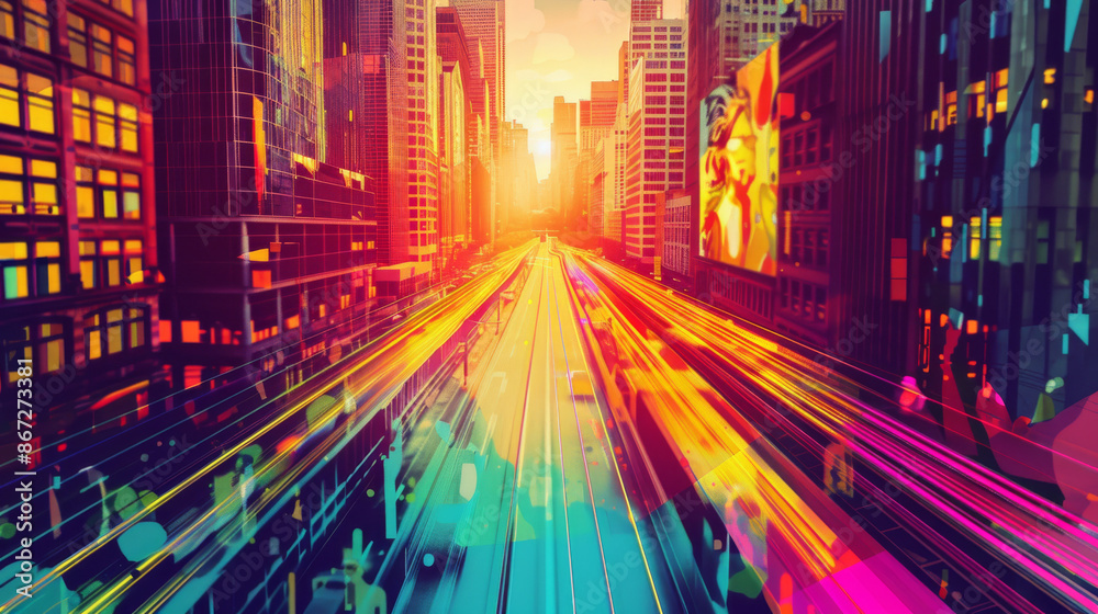A brightly colored pop art cityscape framed by converging perspective lines transitions into a photorealistic scene with diffused light and a nostalgic atmosphere High Quality H A brightly colored pop art cityscape framed by converging perspective lines transitions into a photorealistic scene with diffused light and a nostalgic atmosphere High Quality H