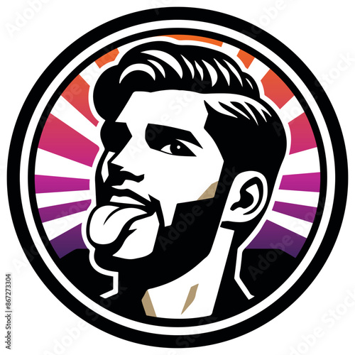 Bearded guy stuck out tongue in party. Circular graphic cool hooligan male logo, symbolic vector graphics