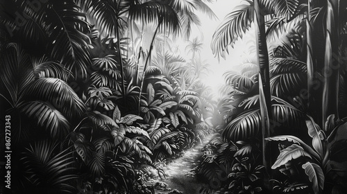 A black and white charcoal sketch bursts into a vibrant hyperrealistic rainforest filled with lush foliage and exotic wildlife High Quality High Clarity Space for Text Profes