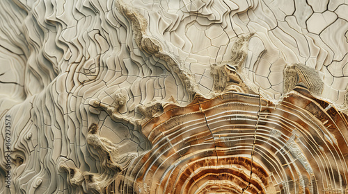 A crosssection of a tree trunk with its intricate rings transforms into a topographical map of a mountainous region High Quality High Clarity Space for Text Professional mid