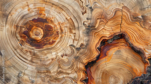 A crosssection of a tree trunk with its intricate rings transforms into a topographical map of a mountainous region High Quality High Clarity Space for Text Professional mid