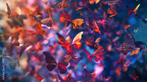 A geometric abstract pattern morphs into a photorealistic swarm of butterflies their delicate wings and vibrant colors emerging from the bold shapes High Quality High Clarity
