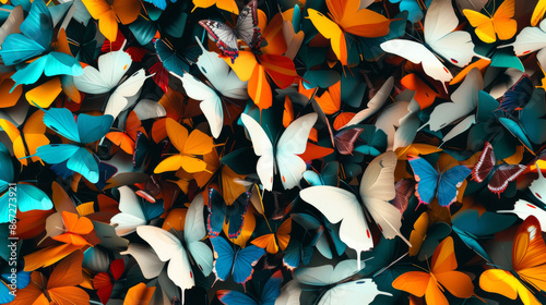 A geometric abstract pattern morphs into a photorealistic swarm of butterflies their delicate wings and vibrant colors emerging from the bold shapes High Quality High Clarity