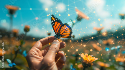 A geometric abstract pattern with bold colors and leading lines transforms into a photorealistic butterfly with delicate wings resting on a single outstretched finger in a fiel