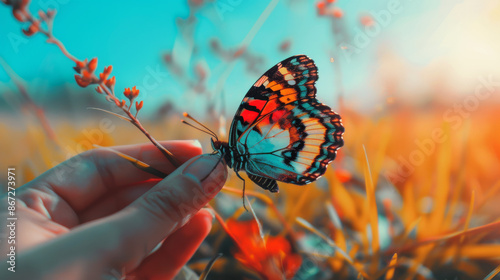 A geometric abstract pattern with bold colors and leading lines transforms into a photorealistic butterfly with delicate wings resting on a single outstretched finger in a fiel