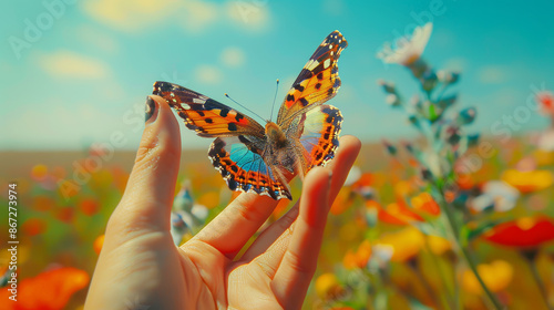 A geometric abstract pattern with bold colors and leading lines transforms into a photorealistic butterfly with delicate wings resting on a single outstretched finger in a fiel