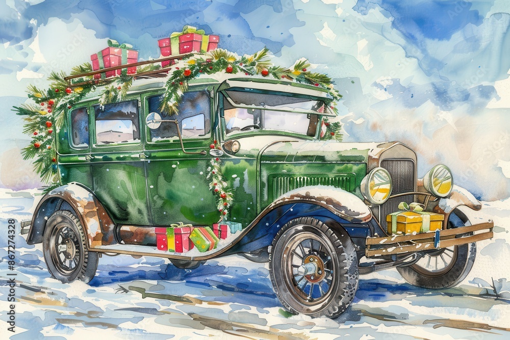 Retro Car in Christmas Decoration with an Xmas tree and Ornaments - Watercolor Painitng