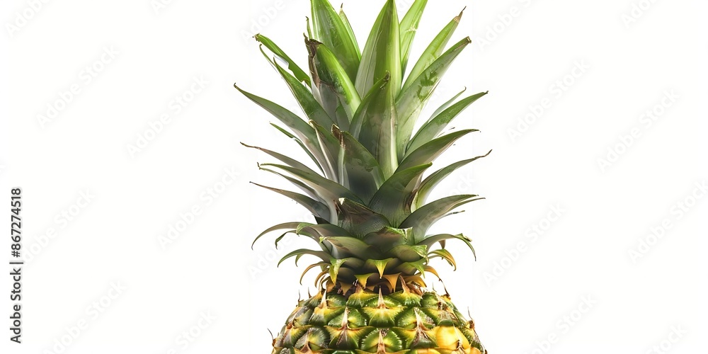 Closeup of a Pineapple's Crown with Green Leaves and Yellow Fruit on a White Background - Photo Closeup of a Pineapple's Crown with Green Leaves and Yellow Fruit on a White Background - Photo