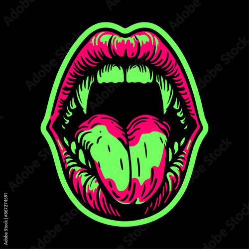 vampire lips with fangs, pink and green illustration on dark background
