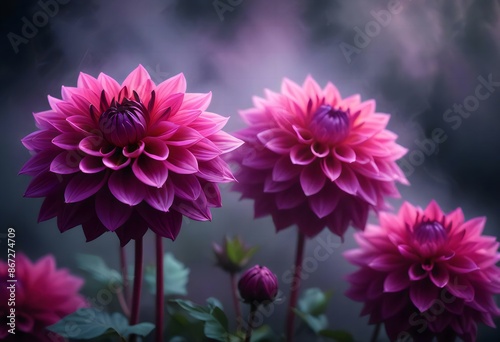 Close-up of vibrant pink and purple dahlia flowers with soft, blurred background