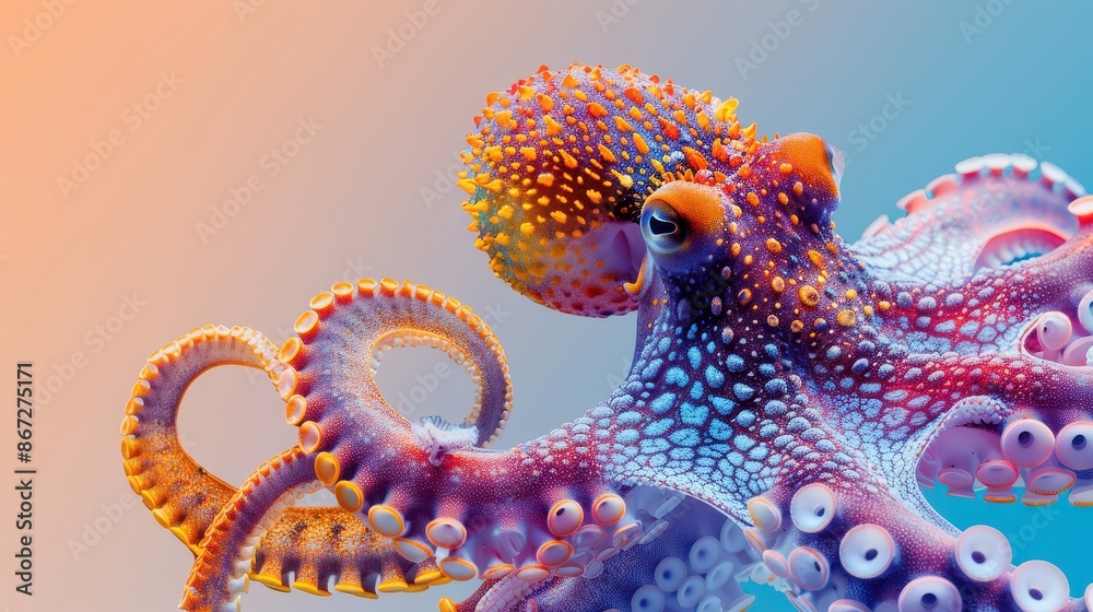 Obraz premium Vibrant and Colorful Octopus Underwater with Detailed Textures and Patterns in a Gradient Background