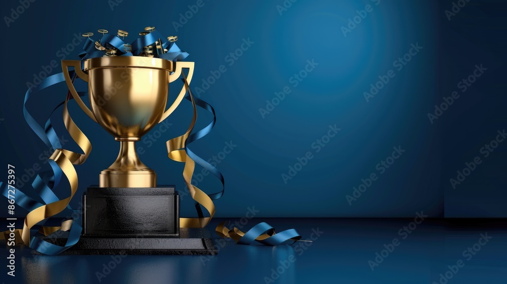 Golden trophy and streamers, business and competition concept, blue background Golden trophy and streamers, business and competition concept, blue background