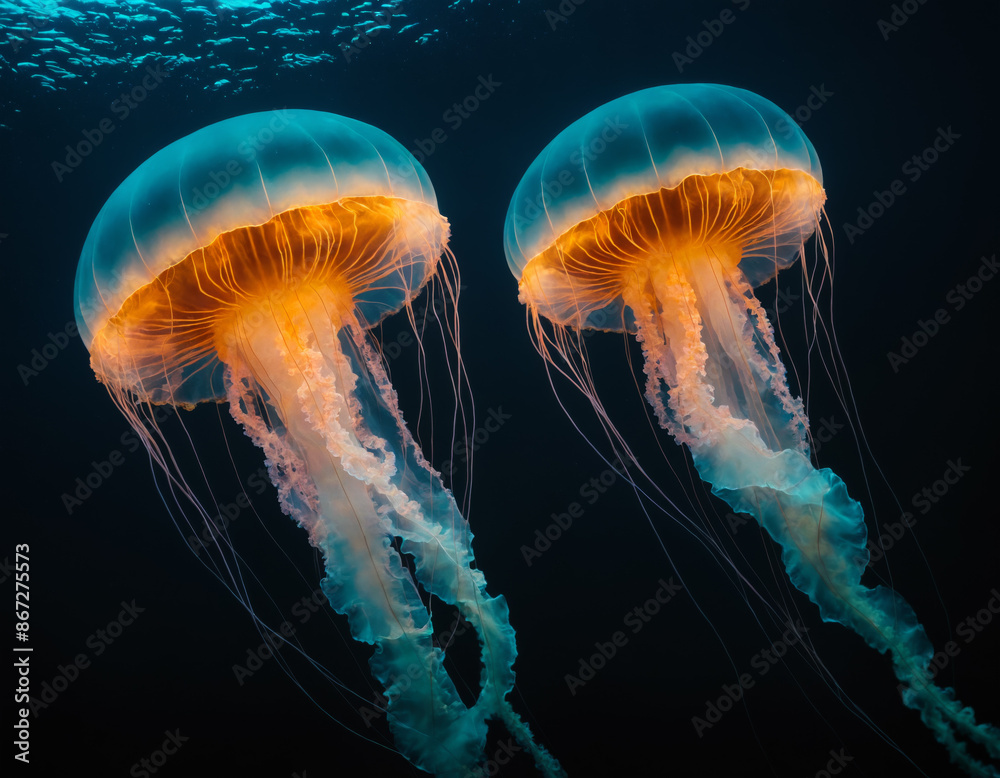 Two Vibrant Orange Jellyfish Floating in the Ocean Two Vibrant Orange Jellyfish Floating in the Ocean